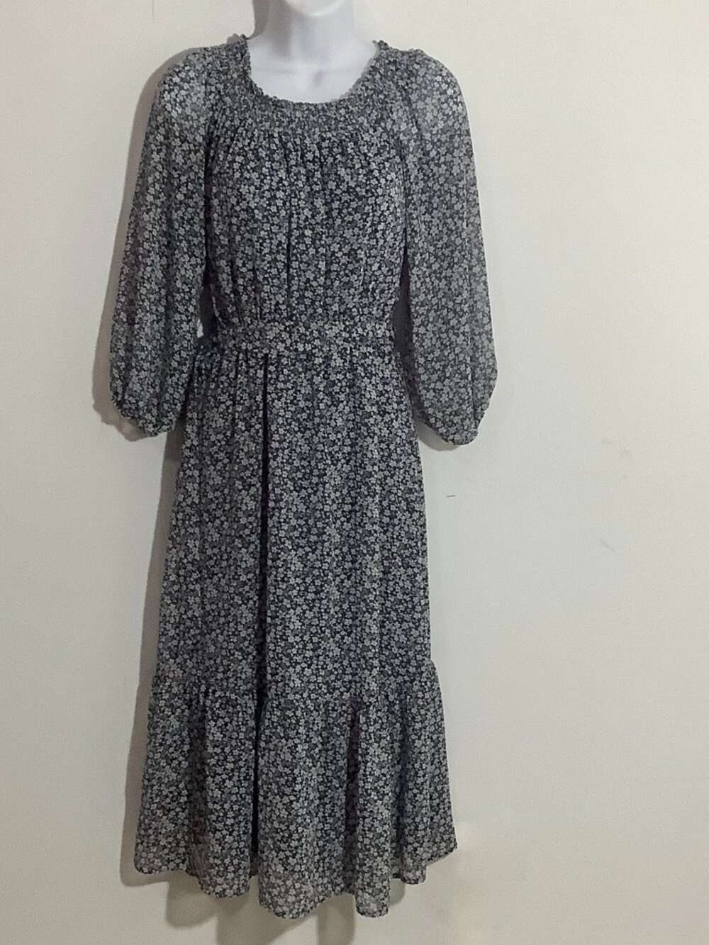 Peasant Dress 3/4 Sleeve Ruffle Lined Elastic Neck & Waist Slip On Small Floral